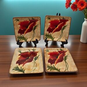 Pier 1 Imports Set/4 Poppies Hand-Painted Earthenware 6" Square Appetizer Plates